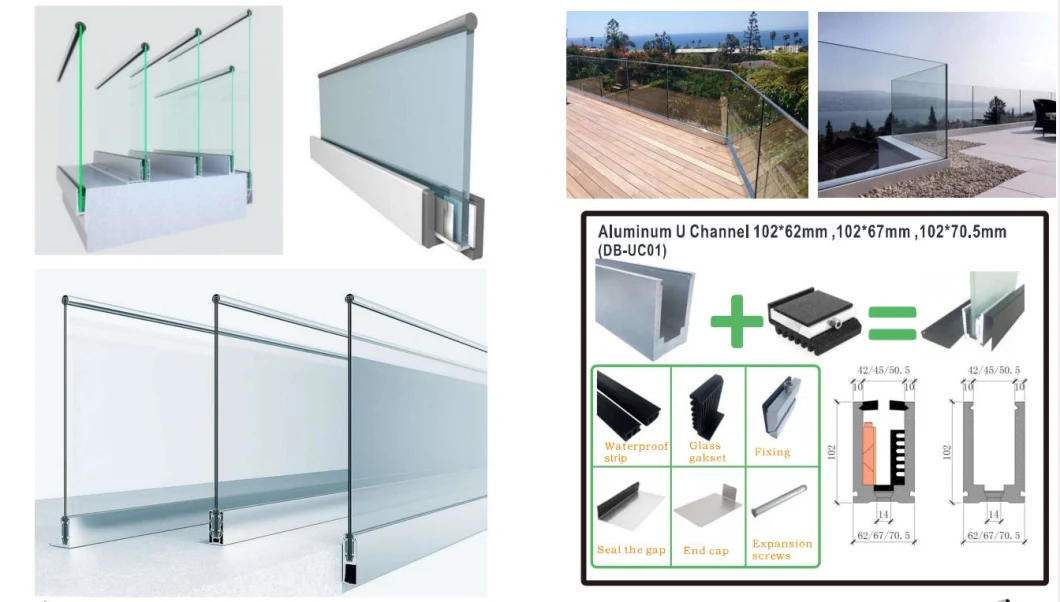 Aluminum U Channel Balustrade Frameless Glass Railing with LED Light